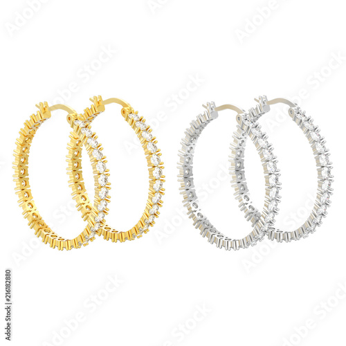 3D illustration isolated two yellow and white gold or silver decorative diamond earrings with hinged