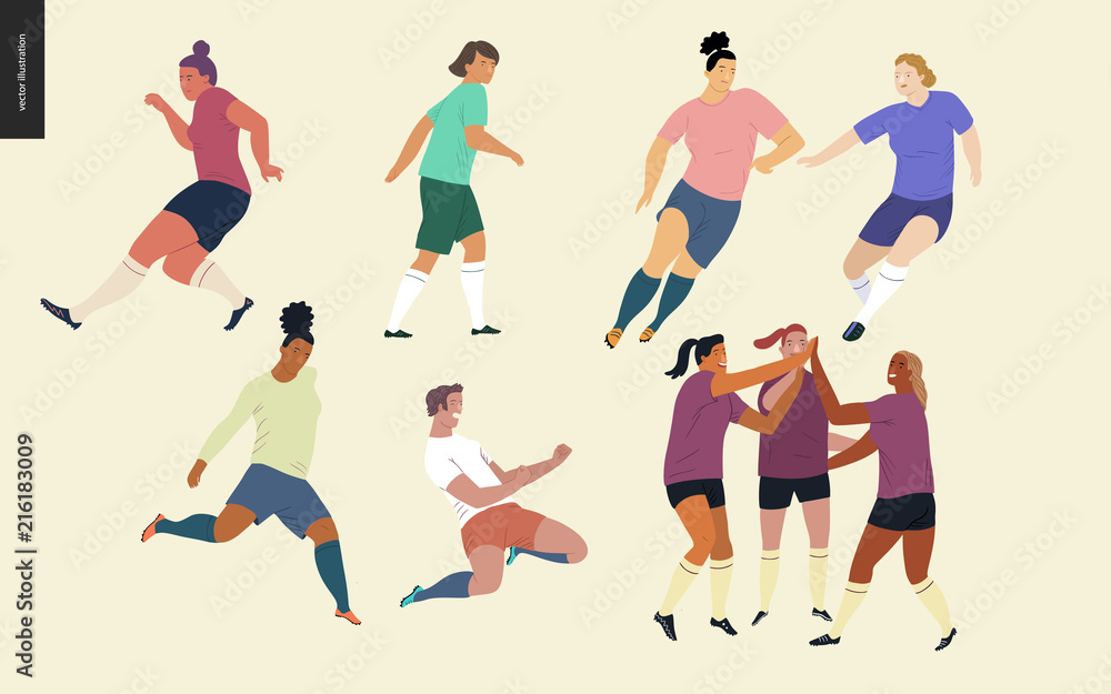 European football, soccer players set - flat vector illustration of a young women wearing european football player equipment kicking a soccer ball, running or standing on the green football field European football, soccer players set - flat vector illustration of a young women wearing european football player equipment kicking a soccer ball, running or standing on the green football field