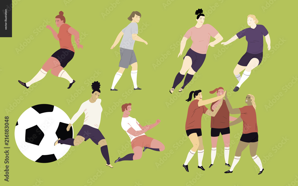 Obraz premium European football, soccer players set - flat vector illustration of a young women wearing european football player equipment kicking a soccer ball, running or standing on the green football field
