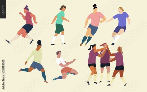 European football  soccer players set - flat vector illustration of a young women wearing european football player equipment kicking a soccer ball  running or standing on the green football field