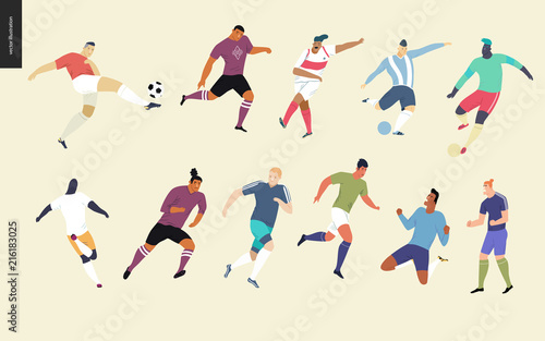 European football  soccer players set - flat vector illustration of a young men wearing european football player equipment kicking a soccer ball  running or standing on the green football field