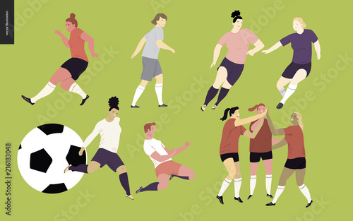 European football, soccer players set - flat vector illustration of a young women wearing european football player equipment kicking a soccer ball, running or standing on the green football field