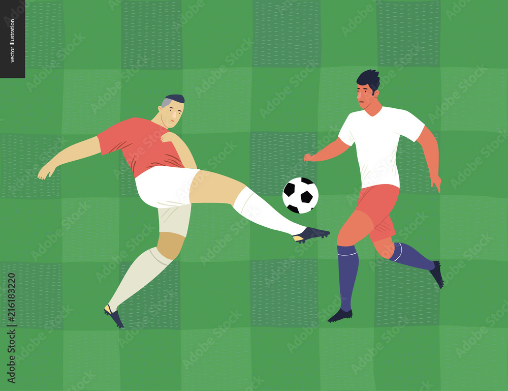 Fototapeta premium European football, soccer players - flat vector illustration of a young men wearing european football player equipment kicking a soccer ball on the background of green grass checked football field