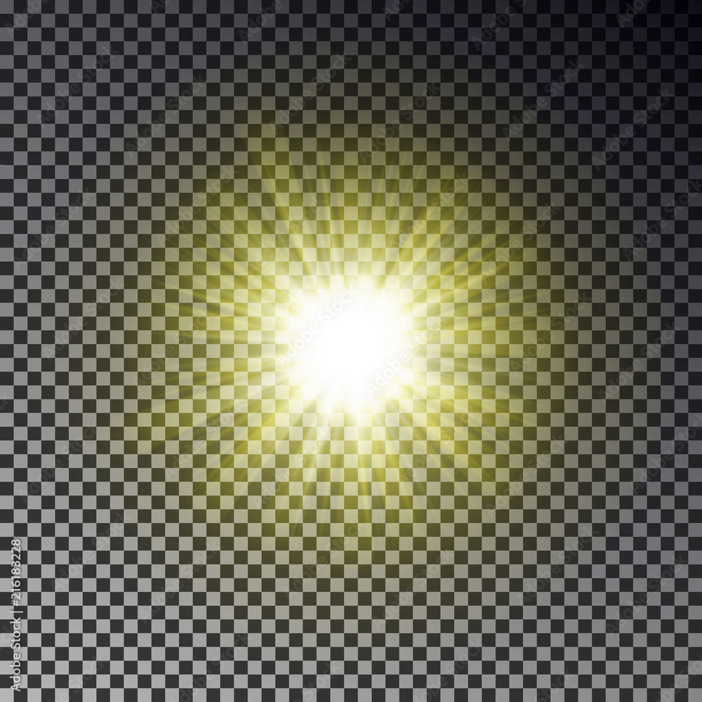 Sun ray light isolated on checkered background. Transparent glow yellow sunlight sky effect. Realist Sun ray light isolated on checkered background. Transparent glow yellow sunlight sky effect. Realist