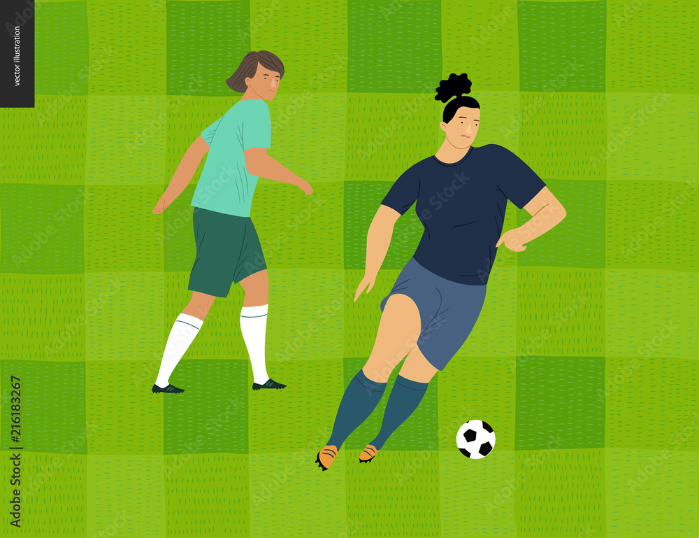 Womens European football, soccer player - flat vector illustration - two young weman wearing european football player equipment kicking soccer ball on background of green grass checked football field Womens European football, soccer player - flat vector illustration - two young weman wearing european football player equipment kicking soccer ball on background of green grass checked football field