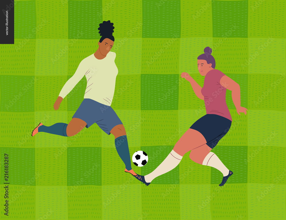 Womens European football, soccer player - flat vector illustration - two young weman wearing european football player equipment kicking soccer ball on background of green grass checked football field Womens European football, soccer player - flat vector illustration - two young weman wearing european football player equipment kicking soccer ball on background of green grass checked football field