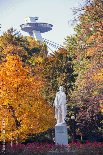 Autumn mood city park view, colourful fall leaves on the huge trees, statue of Janko Kral in the front and UFO tower bridge architecture on background, Bratislava, Slovakia photo