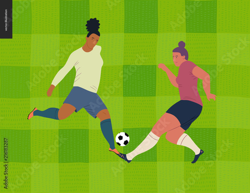 Womens European football, soccer player - flat vector illustration - two young weman wearing european football player equipment kicking soccer ball on background of green grass checked football field