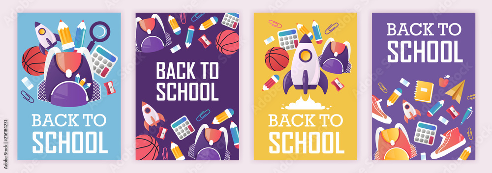Fototapeta premium set of banners. back to school. vector cartoon illustration. school supplies