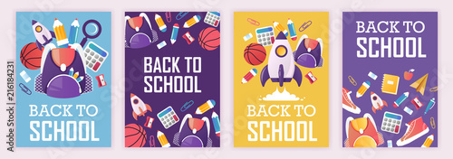 set of banners. back to school. vector cartoon illustration. school supplies