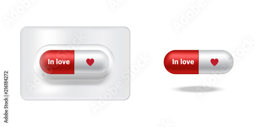 Realistic Capsule or Pill Medicine With In Love for Friend or Family Valentine day isolated on white Background.