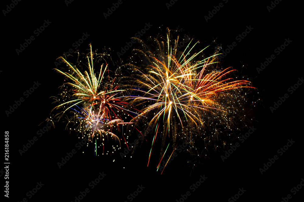 New years eve holiday celebration fireworks explosion colourful night sky view