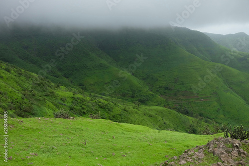 Lush green monsoon nature landscape mountains  hills  Purandar  Maharashtra  India 
