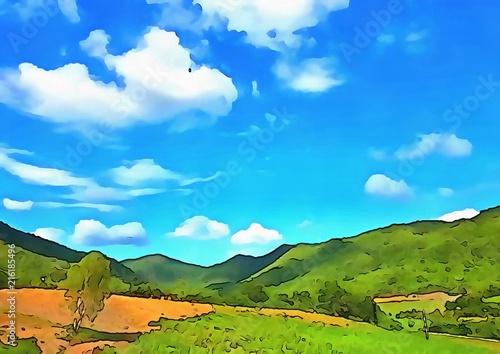 Hand drawing watercolor art on canvas. Artistic big print. Original modern painting. Acrylic dry brush background.  Charming view of the riddles of nature. Beautiful landscape.