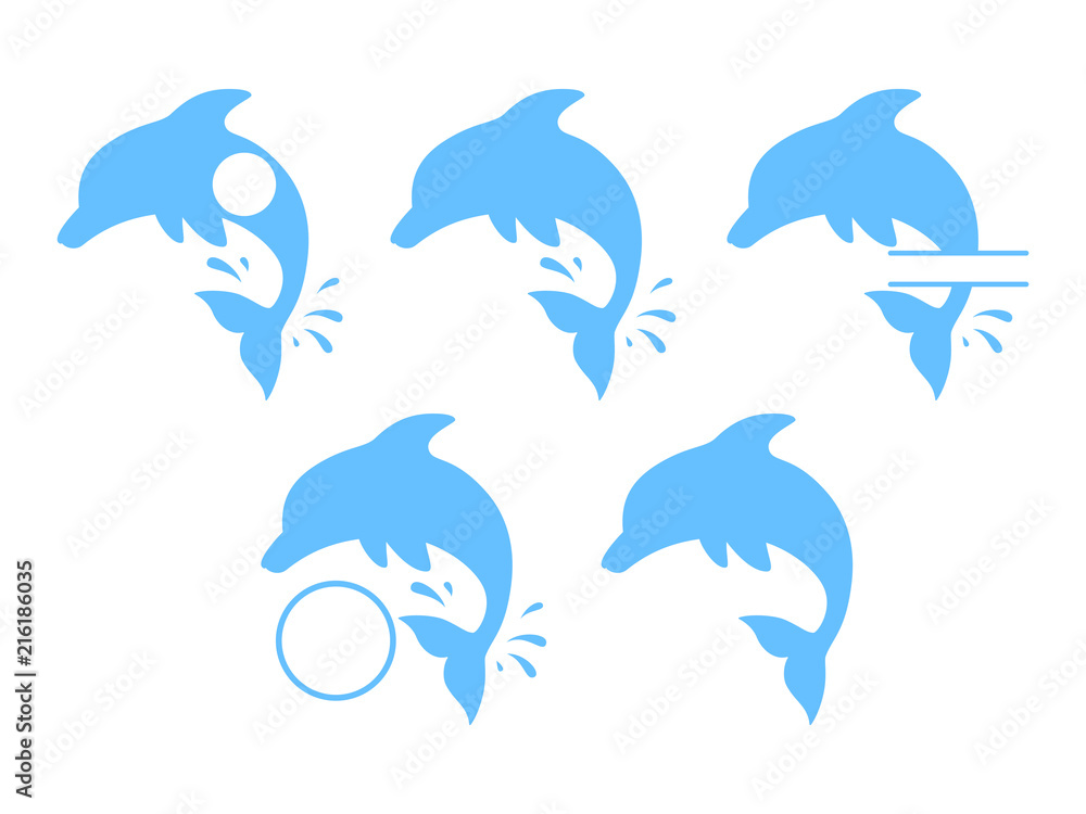 Jumping dolphins - blue silhouettes. Cute blue dolphins in cartoon style. Vector illustration for swimming pool brochure or banner. Isolated Jumping dolphins - blue silhouettes. Cute blue dolphins in cartoon style. Vector illustration for swimming pool brochure or banner. Isolated