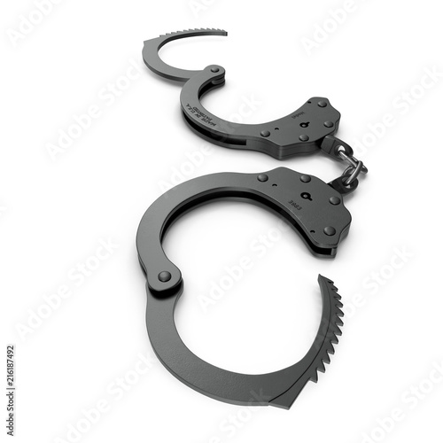 Handcuffs Short Chain Black Metal on white. 3D illustration