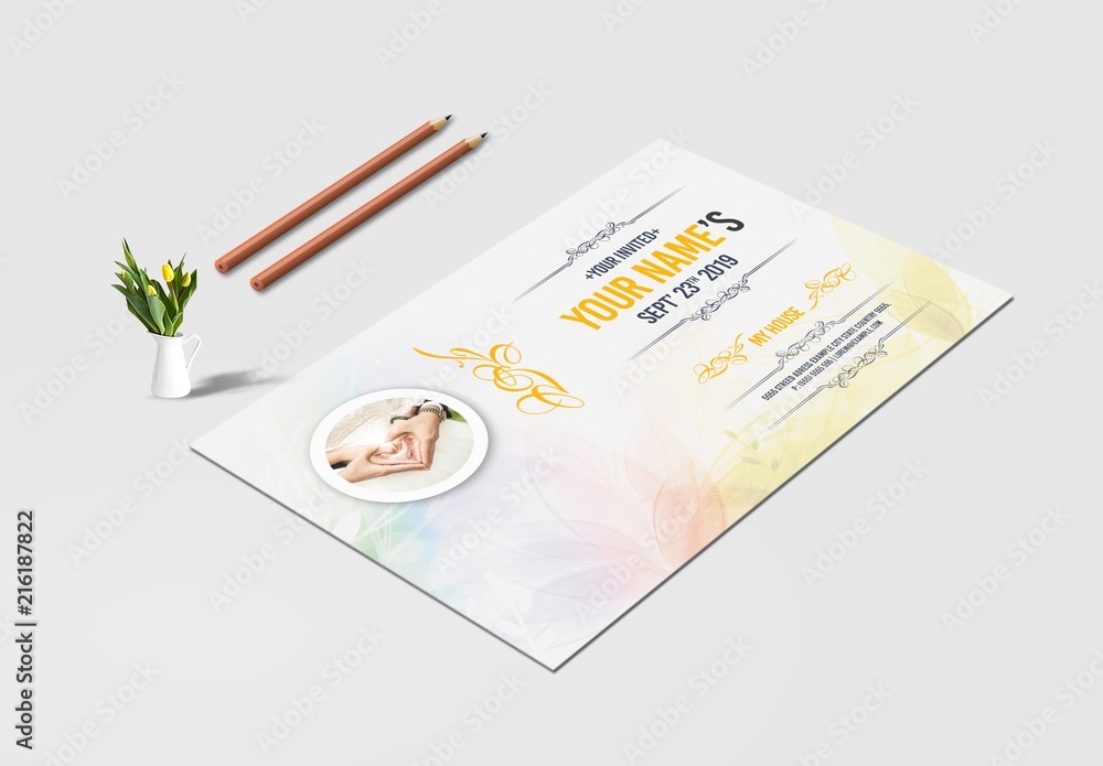 Postcard Invitation Layout with Yellow Accents Stock Template | Adobe Stock