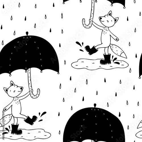 seamless pattern with fox with umbrella.