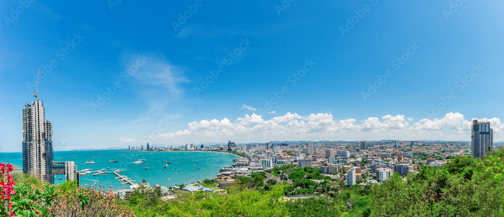 Panorama view sea on mountain can see city and building,Pattaya beach,Thailand