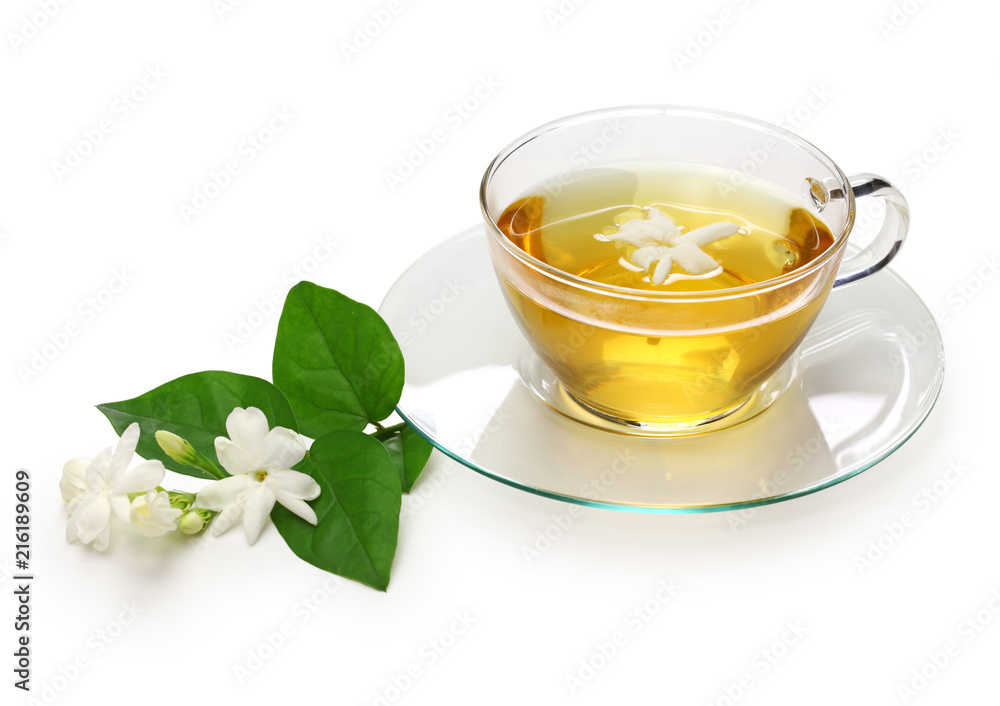 homemade jasmine tea and arabian jasmine flower isolated on white background homemade jasmine tea and arabian jasmine flower isolated on white background