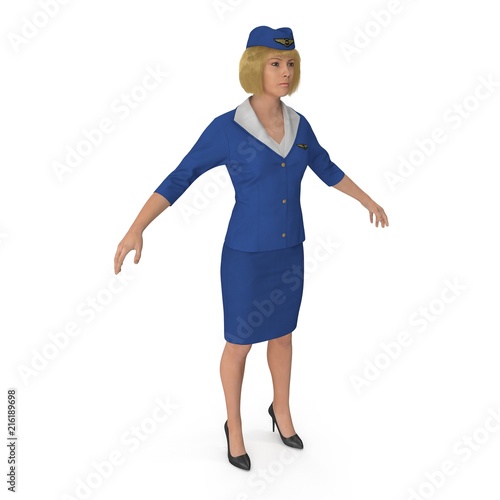Stewardess Dressed In Blue Uniform on white. 3D illustration © 2dmolier