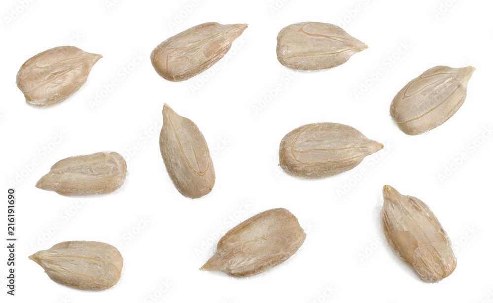 Sunflower seeds isolated on white, top view Sunflower seeds isolated on white, top view