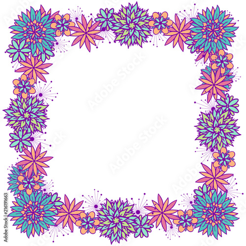 Beautiful vector doodle square floral frame with flowers in blue, pink, violet and orange colors on white background. Cute design with copy space for birthday card, banner, flyer, business card.