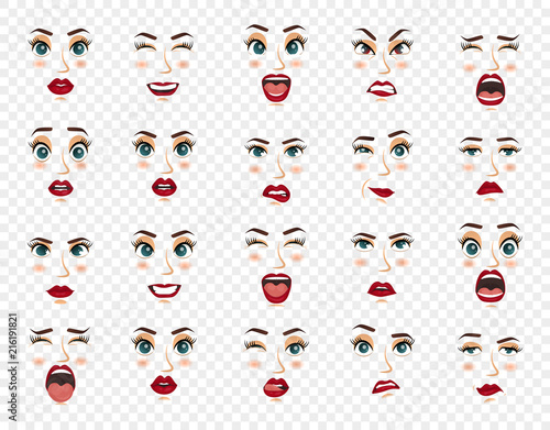 Comic emotions. Women facial expressions, gestures, emotions happiness surprise disgust sadness rapture disappointment fear surprise joy, smile cry coquetry cute mouth. Cartoon icons big set isolated.