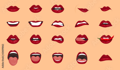 Cartoon icons big set isolated. Cute mouth expressions facial gestures lips sadness rapture disappointment fear surprise joy smile cry despondency coquetry cute mouth. Isolated vector illustration