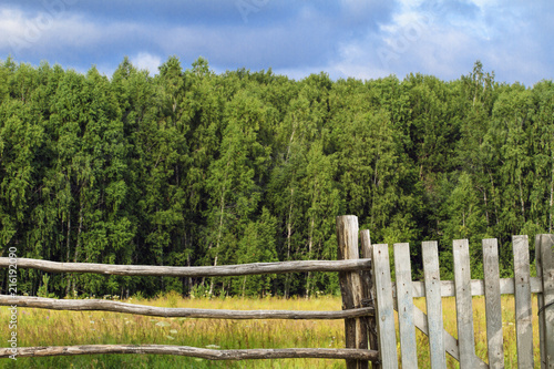Old wooden fence with wicket in background of green grasses and forest. Scenic landscape. Concept of rural way of life