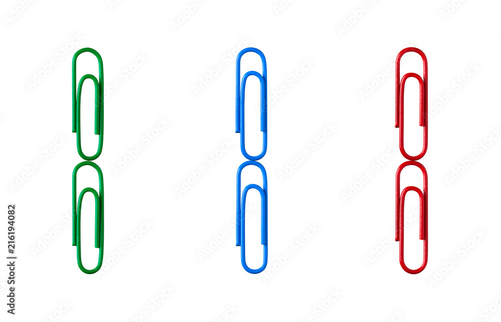 Multi-colored figures from paper clips isolated on white background. One. Multi-colored figures from paper clips isolated on white background. One.