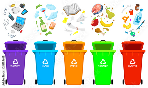 Recycling garbage elements. Bag or containers or cans for different trashes. Sorting and Utilize food waste. Ecology symbol. Segregation Separation and Industry management concept. disposal refuse bin