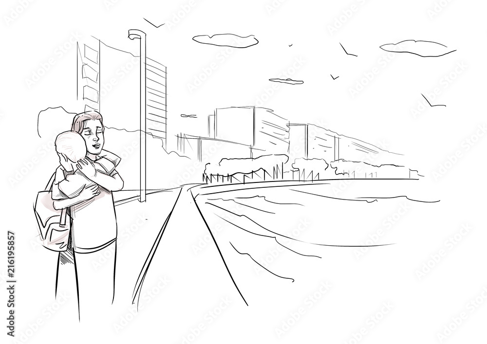 Storyboard drawing couple hugging and saying goodbye at the seaside, love, passion, farewell, seaside, city, shore concept black and white sketch illustration line art