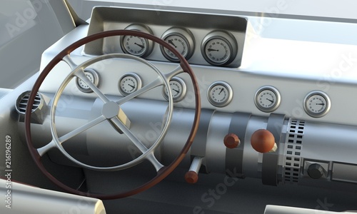 Vehicle interior. Inside car. retro car. 3D illustration