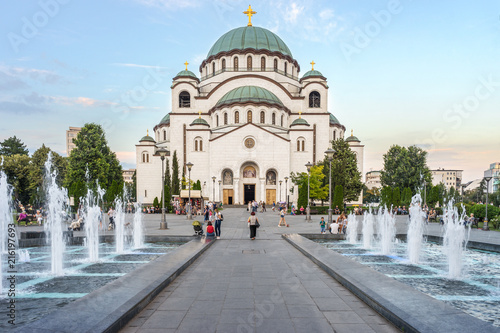 SERBIA, BELGRADE - JULY 04, 2018: View on square with fountains and Saint Sava cathedral