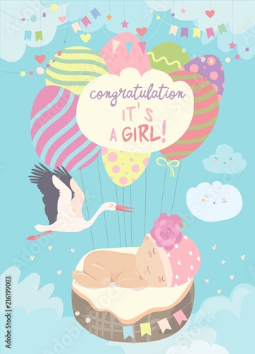 Nice card with stork and baby on blue sky