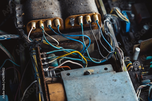 Microchips in old circuit board printed circuit board.