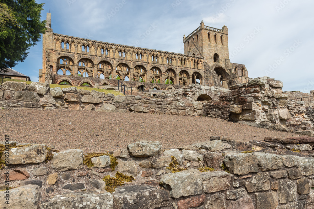 View at wall and ruins of Jedburgh abbey in Scottish borders