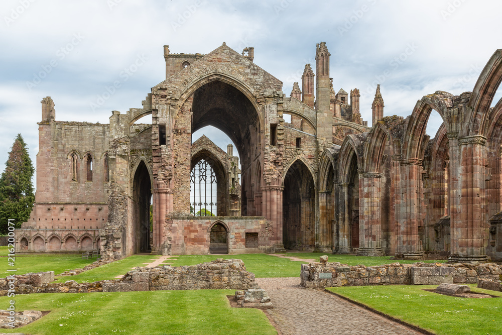 View at wall and ruins of Melrose abbey in Scottish borders