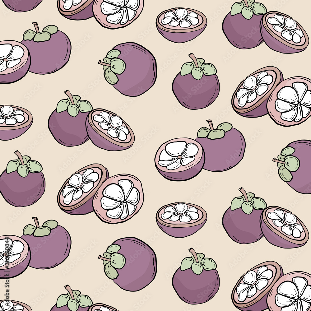 Vector hand drawn abstract tropical pattern of exotic fruit magosteen. Purple fruit illustration. Bright exotic desert abstract drawing. Tropical vegeterian food design element. Vector hand drawn abstract tropical pattern of exotic fruit magosteen. Purple fruit illustration. Bright exotic desert abstract drawing. Tropical vegeterian food design element.