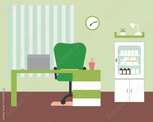 Office or doctor's office with table and chair, laptop and medicine box with clock and shelf on green wall with blinds