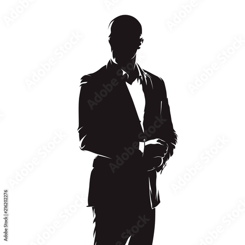 Business man in suit, abstract comics ink drawing, isolated vector silhouette. People