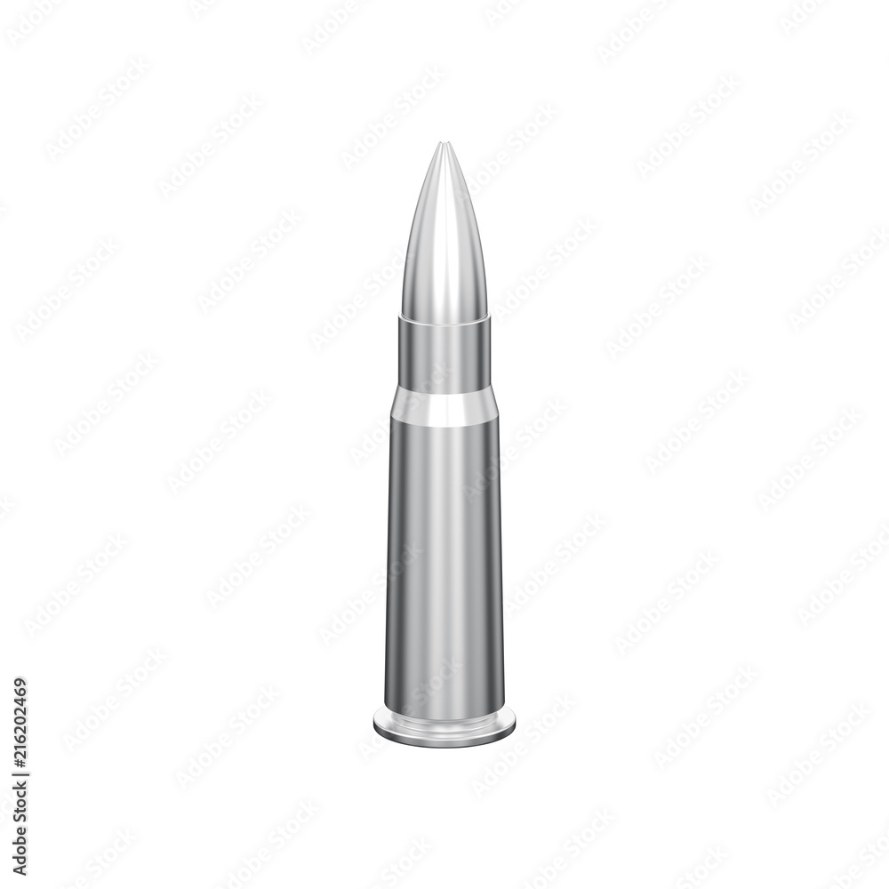 3D illustration isolated silver chrome bullet cartridge