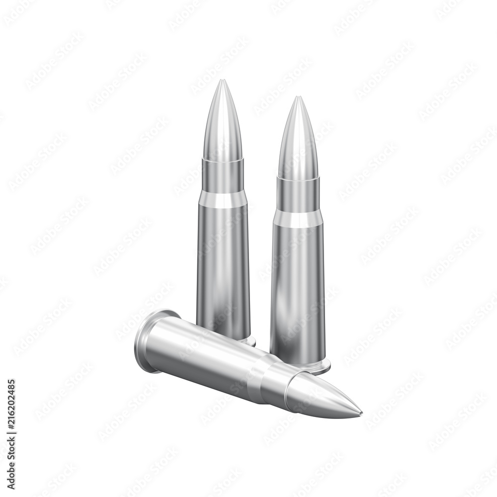 3D illustration isolated group of three silver chrome bullets cartridge 3D illustration isolated group of three silver chrome bullets cartridge