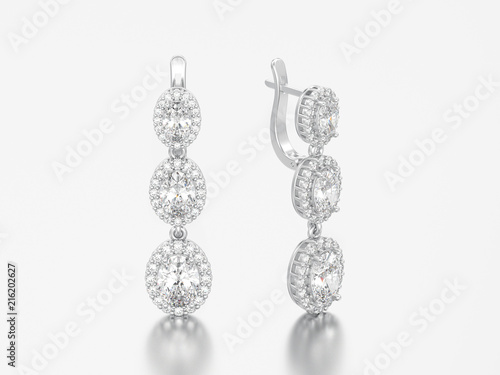 3D illustration isolated white gold or silver diamond earrings with hinged lock on a gray background