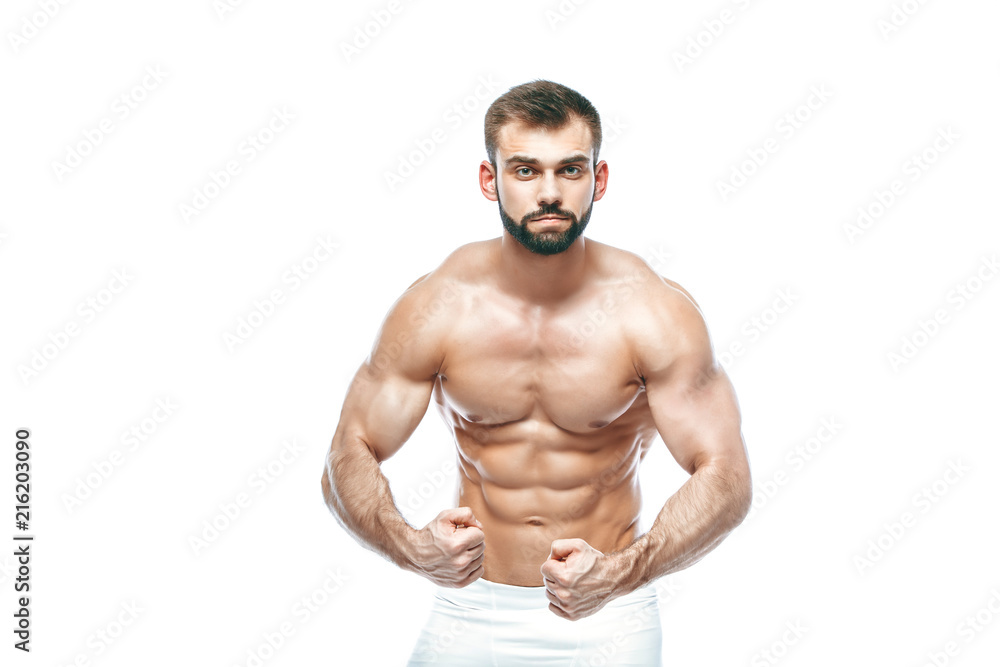 bodybuilder posing. Beautiful sporty guy male power. Fitness muscled manin white lingerie. on isolated white background. bodybuilder posing. Beautiful sporty guy male power. Fitness muscled manin white lingerie. on isolated white background.