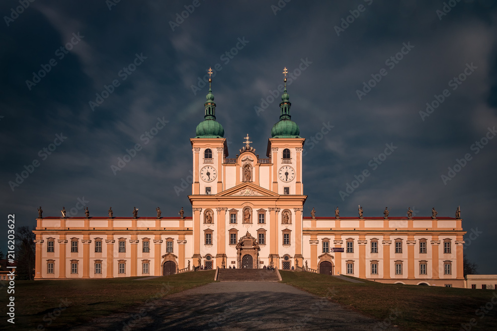 Holy Kopecek., Olomouc, Czech Republic. Basilika minor with stormy clouds in background. 