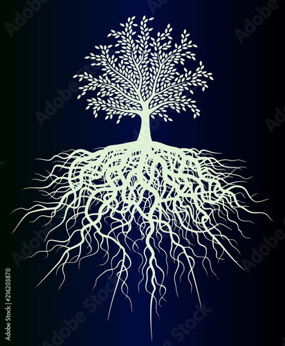Sketch of tattoo - neon tree of life close-up vector on gradient blue background. Beautiful tattoo design