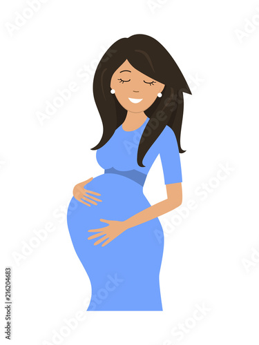Cute pregnant woman in blue dress isolated on a white background. A smiling woman holds her hands on her stomach. Vector illustration in cartoon style