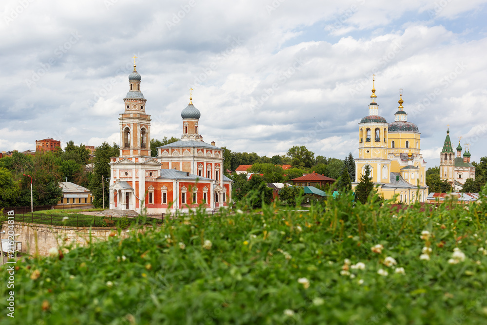 Panorama view on Assumption Church on the Hill and Church Of Elijah The Prophet, medieval orthodox churches in Serpukhov, Moscow region, Russia.
